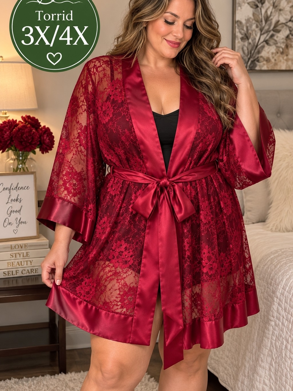 Torrid 3X/4X Burgundy Wine Floral Lace Satin Trim Robe Plus Size Lingerie